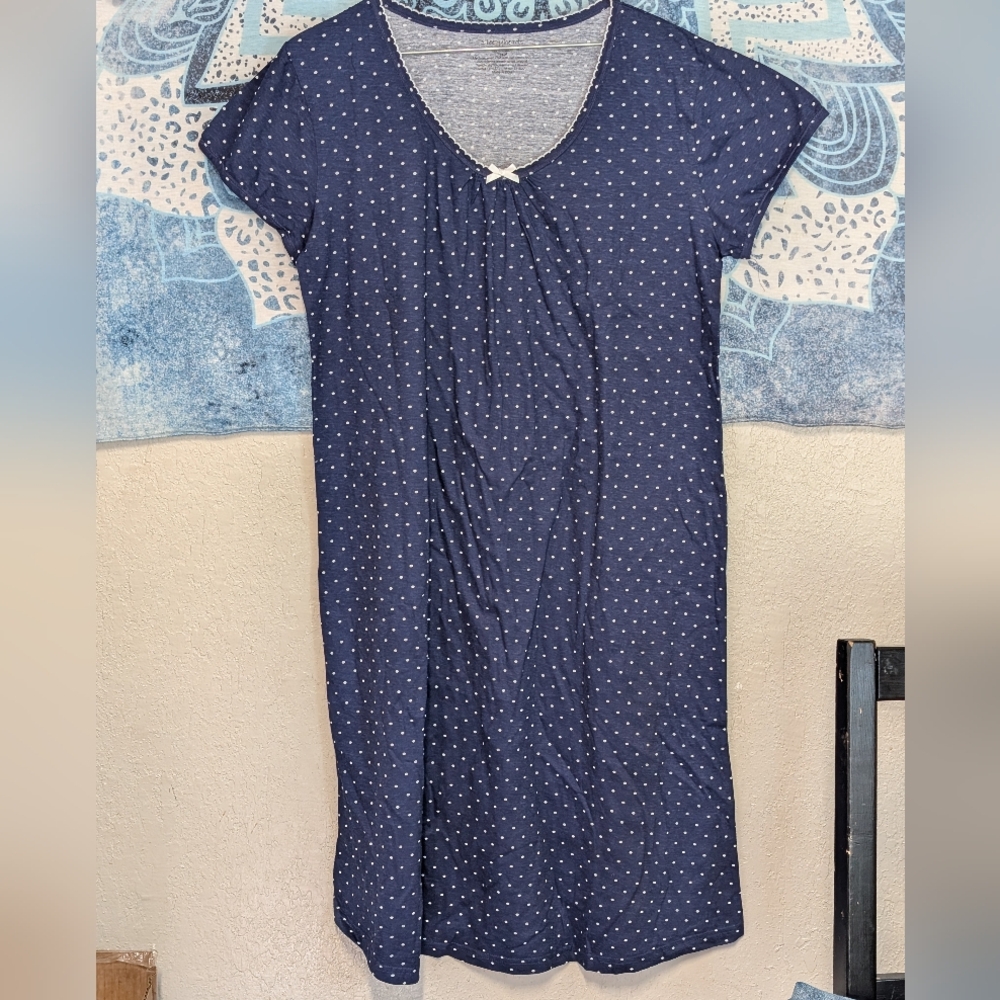 Navy Polka Dot Nightgown M Cap Sleeve Bow Dainty Loungewear Comfy